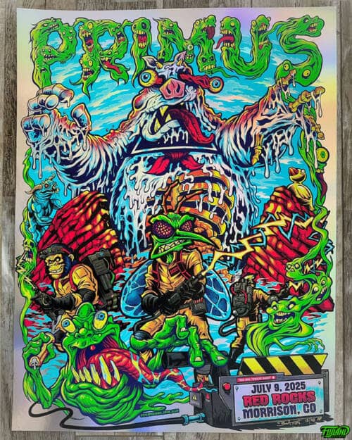 Primus poster illustration parody of Skeeter the mosquito and other Primus characters drawn as a characters from the Ghostbusters fighting a marshmallow man at Red Rocks for their show in Morrison Colorado 2025