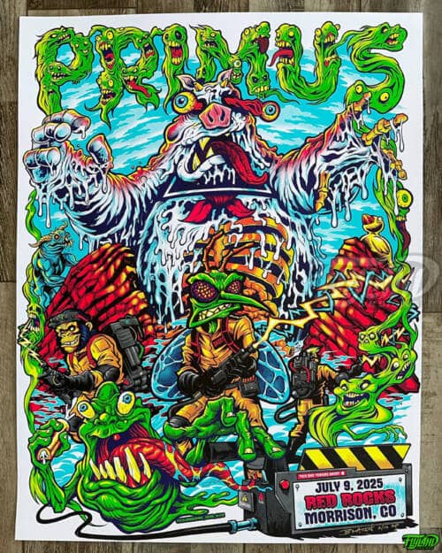 Primus poster illustration parody of Skeeter the mosquito and other Primus characters drawn as a characters from the Ghostbusters fighting a marshmallow man at Red Rocks for their show in Morrison Colorado 2025