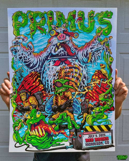 Primus poster illustration parody of Skeeter the mosquito and other Primus characters drawn as a characters from the Ghostbusters fighting a marshmallow man at Red Rocks for their show in Morrison Colorado 2025