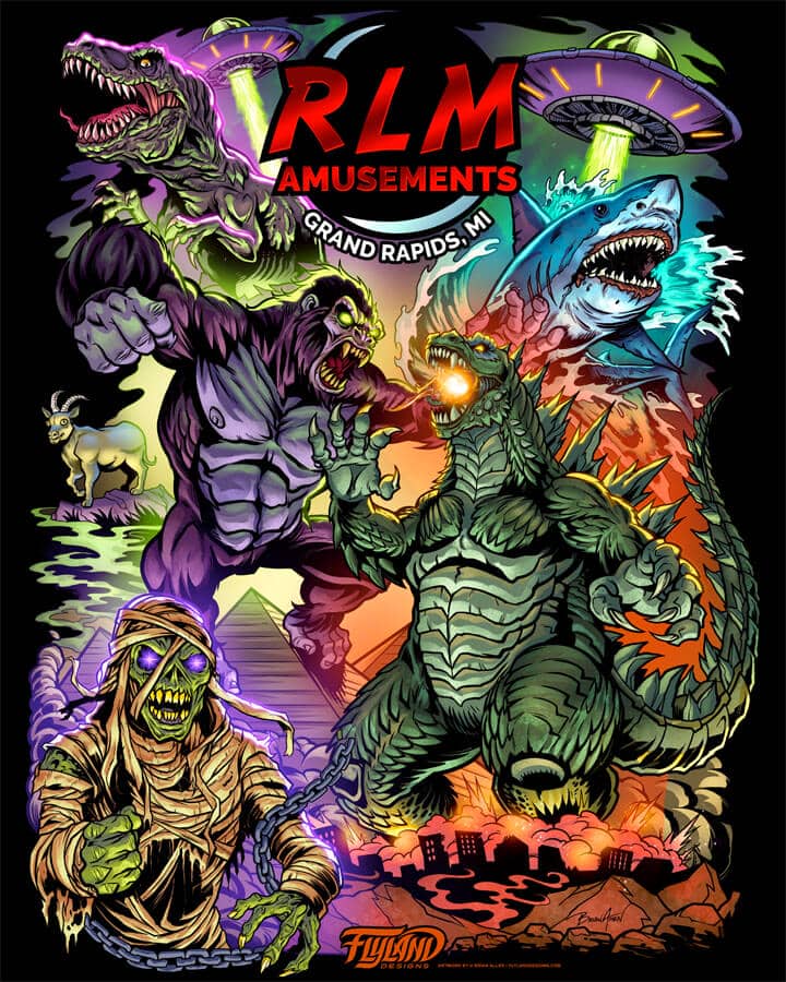 T-Shirt Design for RLM Amusements pinball and arcade business featuring a drawing of Godzilla fighting King Kong with the shark from Jaws, the mummy Eddie from Iron Maiden, the T-Rex from Jurrasic Park, and a UFO.