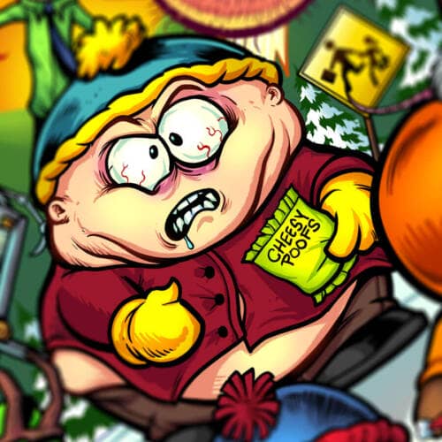 Drawing of the South Park characters in a darker style drawn by Brian Allen including Stan, Cartman, Kenny, Kyle, Chef, Satan, Terrance and Phillip, Randy, Mr. Garrison, Mr. Mackey, and more