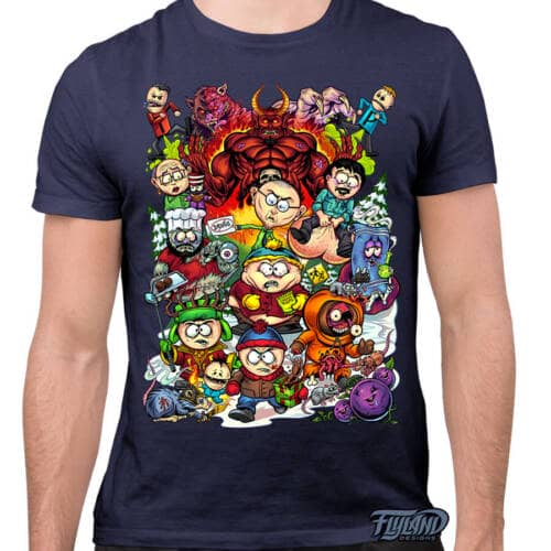 Drawing of the South Park characters in a darker style drawn by Brian Allen including Stan, Cartman, Kenny, Kyle, Chef, Satan, Terrance and Phillip, Randy, Mr. Garrison, Mr. Mackey, and more