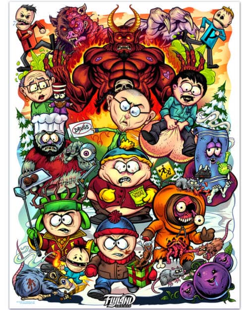 Drawing of the South Park characters in a darker style drawn by Brian Allen including Stan, Cartman, Kenny, Kyle, Chef, Satan, Terrance and Phillip, Randy, Mr. Garrison, Mr. Mackey, and more