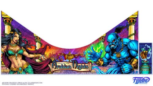 Illustration of a genie and beautiful Arabian belly dancer drawn for a Magnetic Pinball Apron for Tales of the Arabian Nights pinball machines