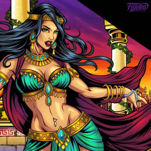 Illustration of a genie and beautiful Arabian belly dancer drawn for a Magnetic Pinball Apron for Tales of the Arabian Nights pinball machines