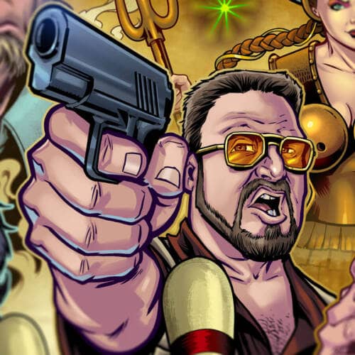 Tribute drawing of the characters from the Big Lebowski drawn in the style of Brian Allen, featuring the Dude, Walter, Donny, Jesus, and more