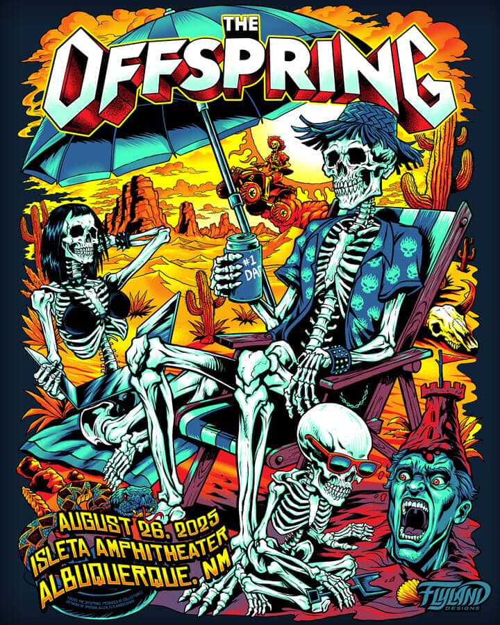 Silk screen poster of a family of skeletons enjoying a day at the beach in the New Mexico desert drawn for the band The Offspring for their 2025 tour