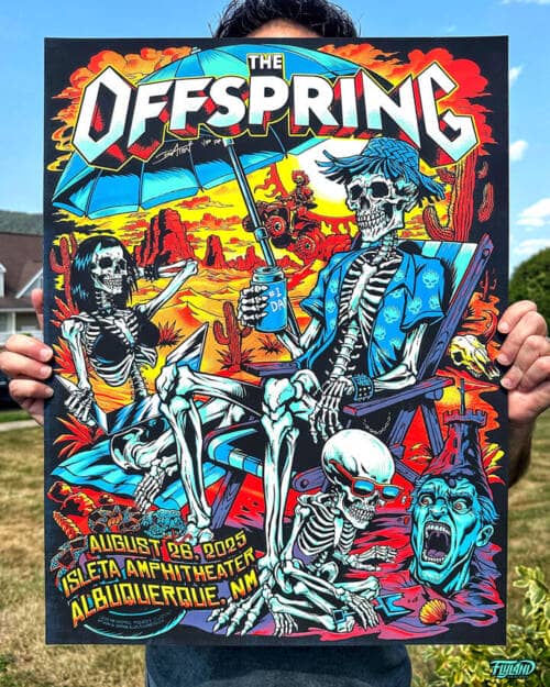 Silk screen poster of a family of skeletons enjoying a day at the beach in the New Mexico desert drawn for the band The Offspring for their 2025 tour