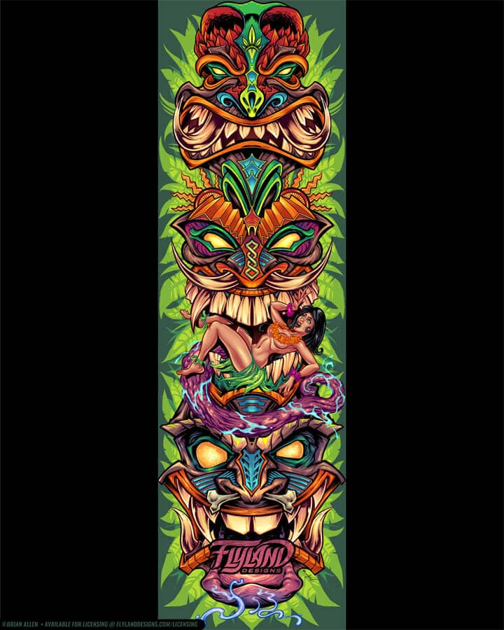Tiki Totem Skateboard Tiki totem in bright colors feat