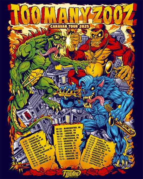 Parody illustration of the Rampage arcade game for the band Too Many Zooz showing a lizard, gorilla, and werewolf attacking a city artwork by Brian Allen