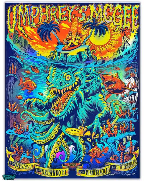 Illustration of undersea monster drawn for Umphrey's McGee Summer 2025 Foil Poster
