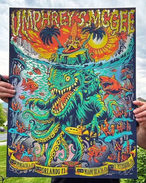 Illustration of undersea monster drawn for Umphrey's McGee Summer 2025 Foil Poster