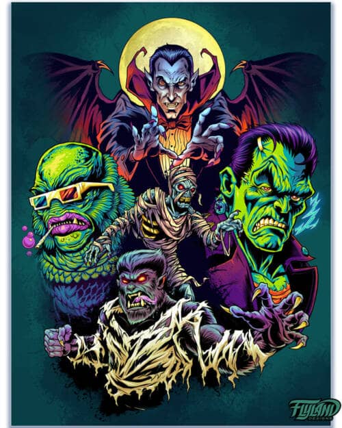 Illustration of Frankenstein, Dracula, Wolfman, the Mummy, and the Creature From the Black Lagoon drawn in vibrant colors by artist Brian Allen
