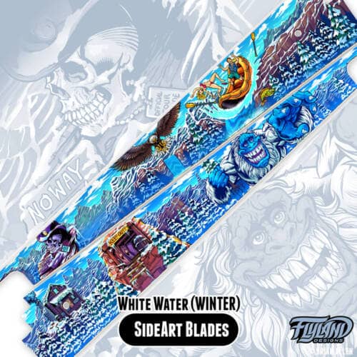 Illustation of a Yeti and people on a raft drawn for the White Water Pinball machine Side Blades Williams for Translites and Side Blades for the Winter Modded version of the game