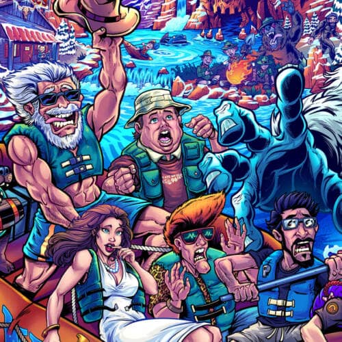 Illustation of a Yeti and people on a raft drawn for the White Water Pinball machine Translite and Acrylic Backglass by Williams for Translites and Side Blades for the Winter Modded version of the game